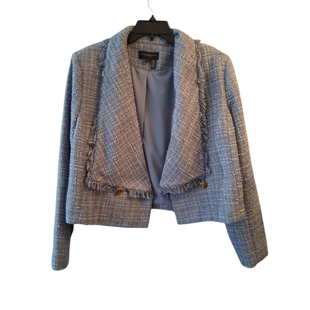 Donna Karan New York Light Blue Tweed Fringed Cropped Blazer Old Money Capsule - Picture 3 of 10